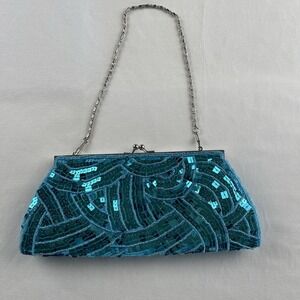 Blue Red Fish Designs Beaded w/ Sequins Clutch‎ Bag w/ Chain Strap